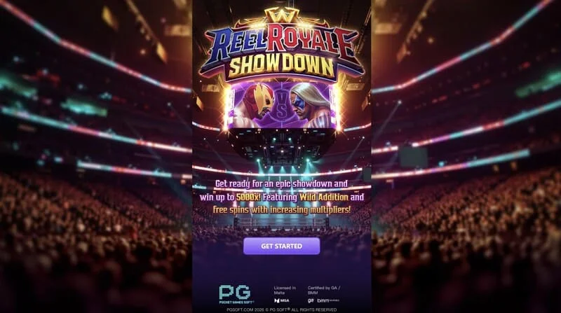Reel Royale Showdown – Hauptbildschirm mit Rollen und drei Wild Addition-Feldern